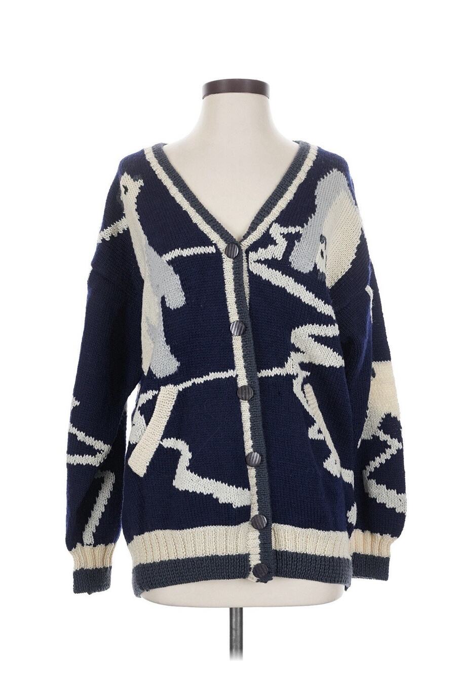Vtg Berek Sweater Cardigan Polar Bears Navy Blue Print Wool Funky Winter Small
